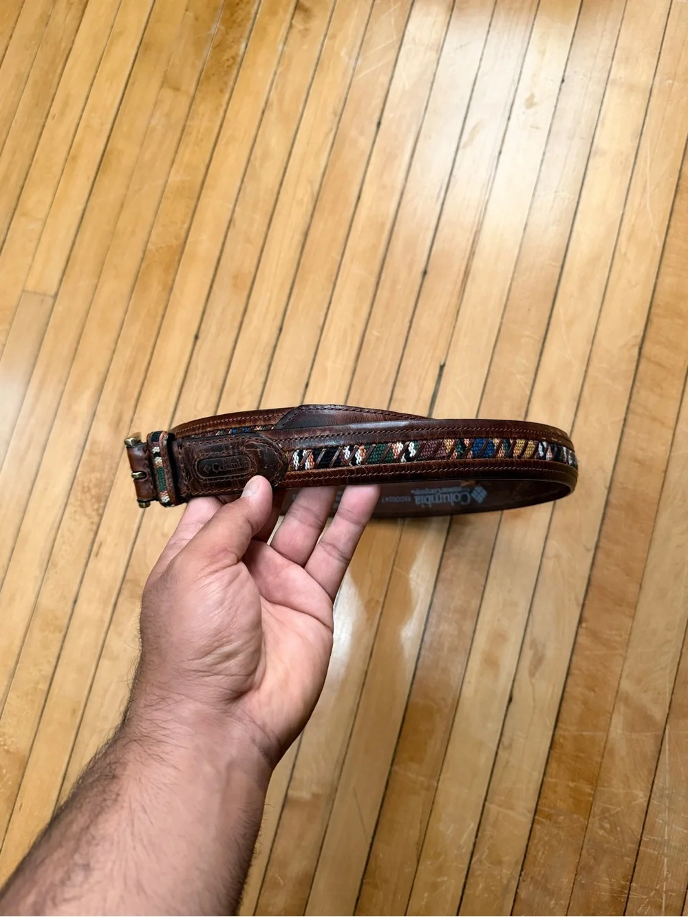 Vintage Y2K Columbia Brown Leather Belt Southwest Woven Tribal Inlay Sz. 40/100